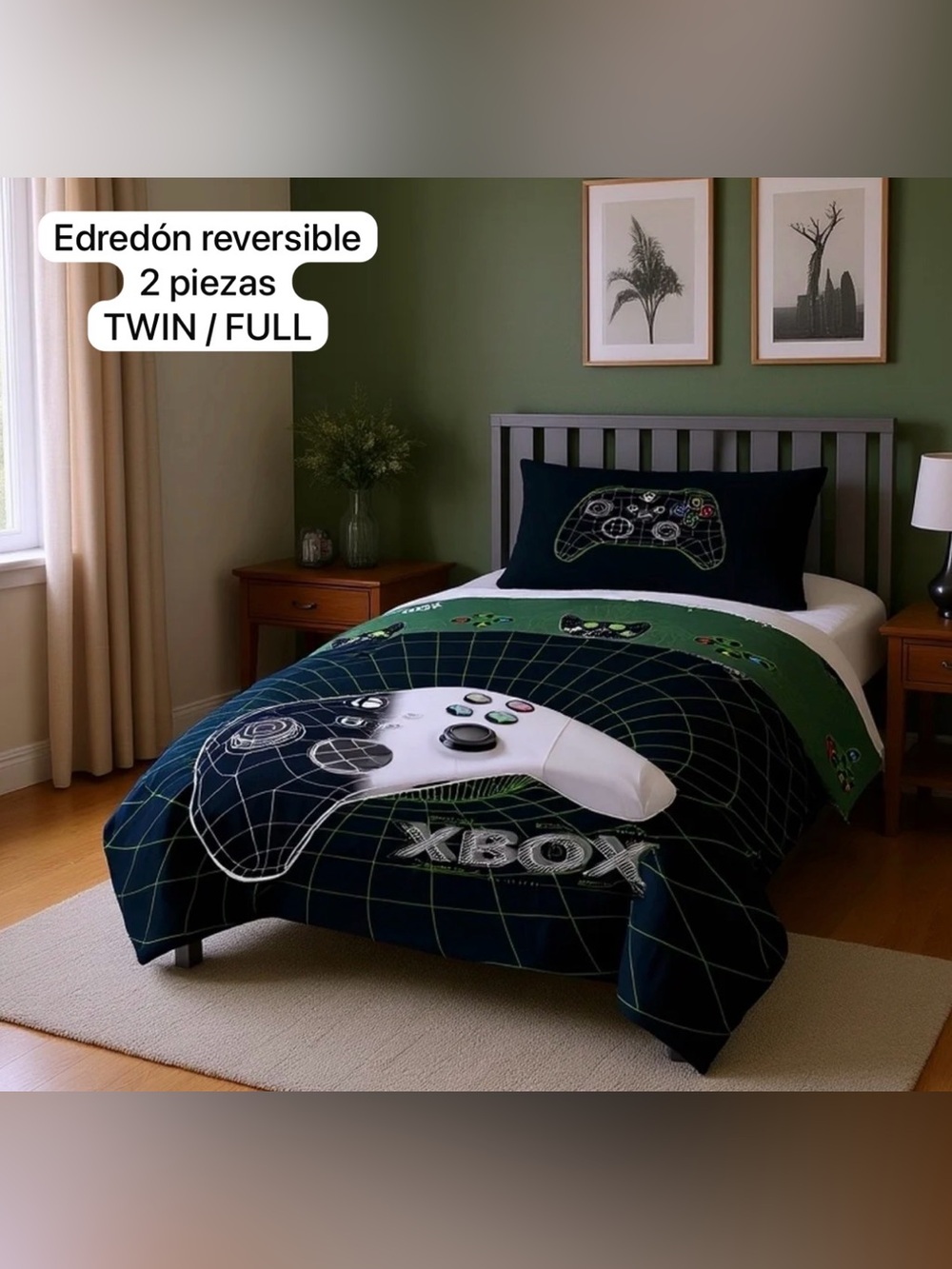 Xbox Controller Graphic Reversible Comforter Set - Green & Black